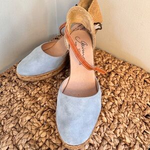 Espadrille Wedge Sandals - Light Blue Suede